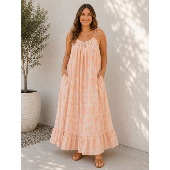 Time and Tru Dresses & Skirts - Time and Tru Peach Tie Dye Maxi Dress Women’s L Sleeveless Cotton Ruffle Pockets